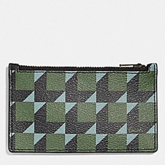 Coach Men Slim Zip Wallet Credit Card Case Green Blue Black Cube Print Used - Picture 1 of 11